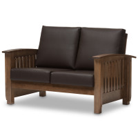 Baxton Studio SW3513-Dark Brown/Walnut-M17-LS Charlotte Modern Classic Mission Style Walnut Brown Wood and Dark Brown Faux Leather 2-Seater Loveseat